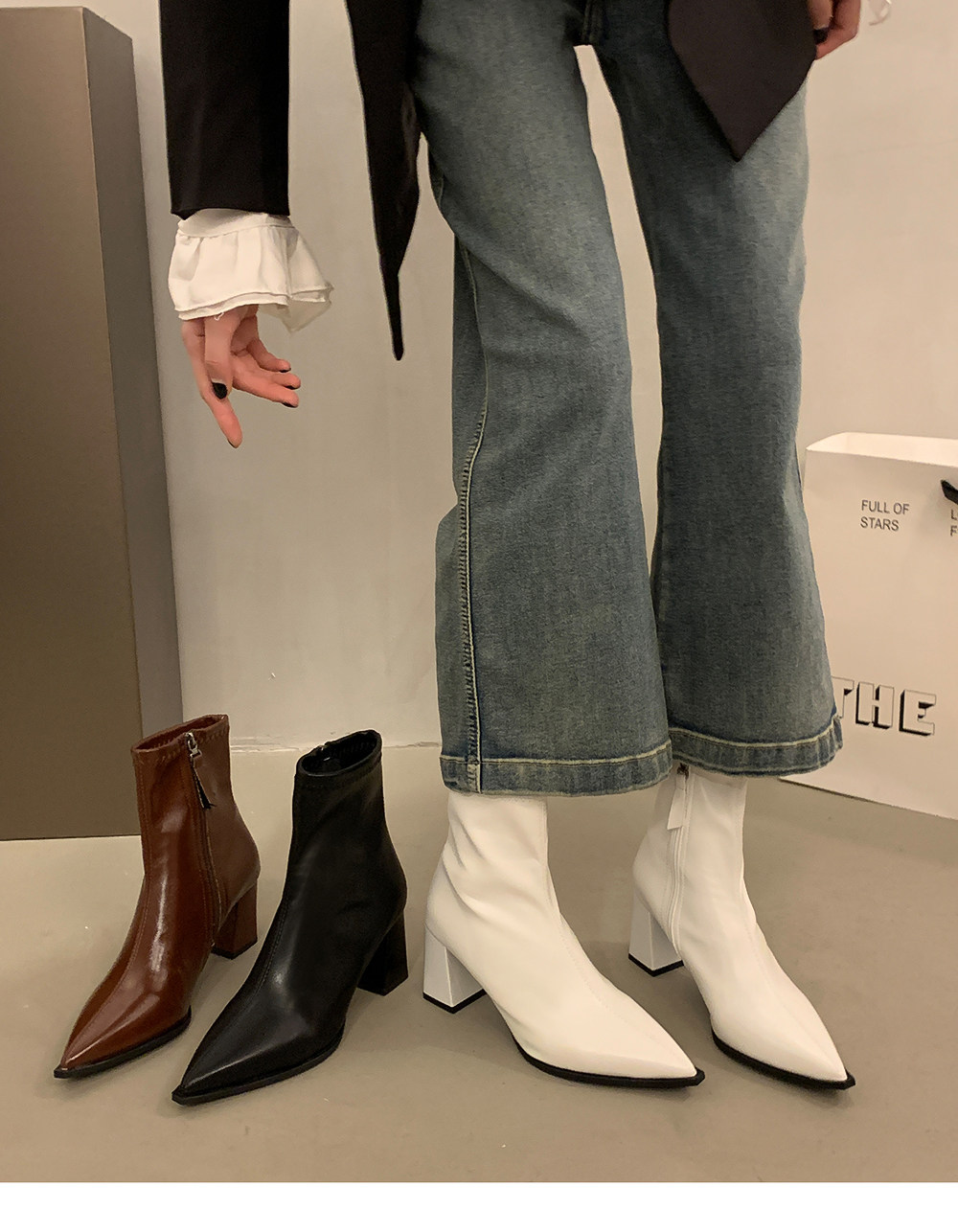 Французский эластичность Lean -Thin Boot самка 2025 осенью и зимой новый наконечник Толстые голые сапоги на высоком кабгалстук-бабочкае Лодыжка короткие трубки ботинки сын Sonlarfu/Suo Lanfu 