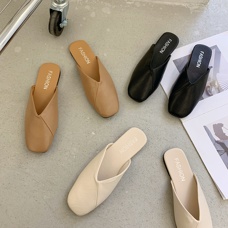 Korean Style Square-Toe Half-Slippers for Women, Summer Outdoor Wear, 2026 New Retro Soft Flat-Soled Slip-On Mules Sandals