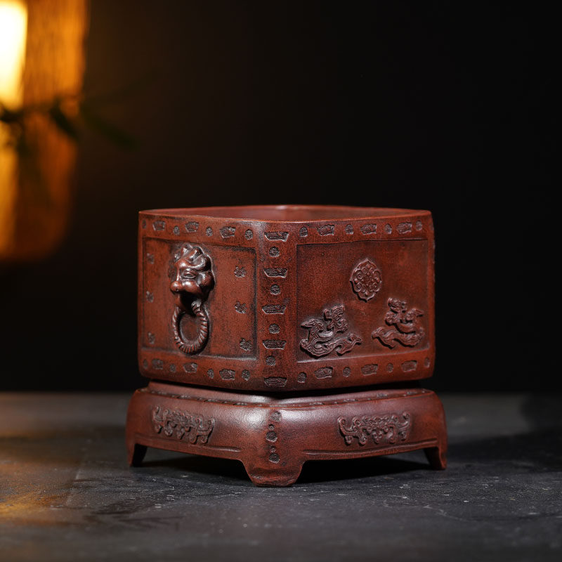 Qing Dynasty Purple sand old flower basin handmade antique printing plate Purple Sand old bonsai antique boutique high-grade purple sand ornaments