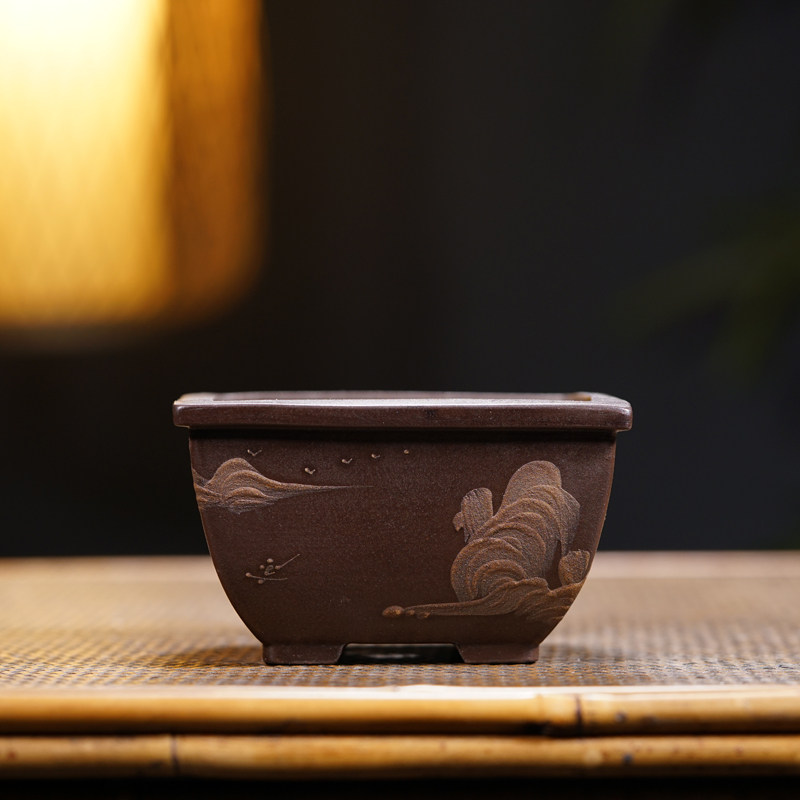 Early one factory purple sand old flower pot Republic of China handmade orchid pot square hat Tiehuaxuan collection of calamus orchid