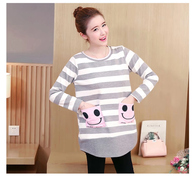 Phụ nữ mang thai mùa thu và quần áo mùa đông cộng với váy nhung dày váy rộng kích thước lớn ấm áp áo thun dài tay khi mang thai áo dài đoạn đáy