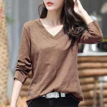 Early spring Korean version of pure cotton long-sleeved T-shirt womens solid color large size base shirt loose large V-neck slub cotton top small shirt tide