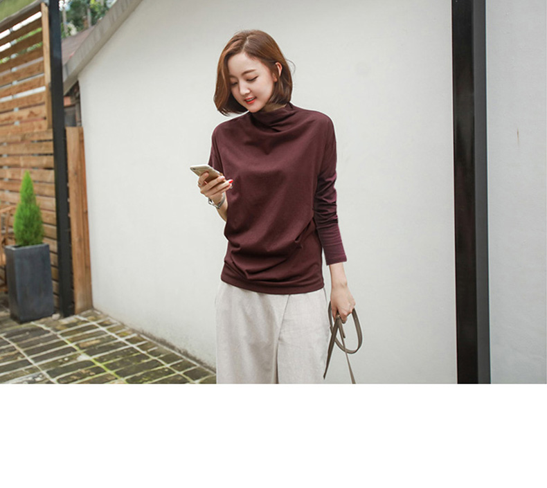 Mùa thu đông cao cổ áo đáy quần dài tay mùa thu nữ rộng rãi mặc bên ngoài mặc áo thun phiên bản Hàn Quốc của áo sơ mi cotton nữ hoang dã áo nhỏ áo phông nữ dài tay