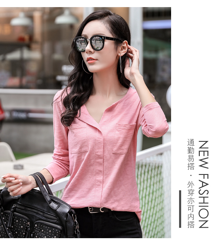 Mùa thu 2018 phiên bản Hàn Quốc mới của áo thun dài tay tre nữ rộng rãi có kích thước lớn màu rắn chạm đáy áo cotton cổ chữ V áo phông đẹp nữ