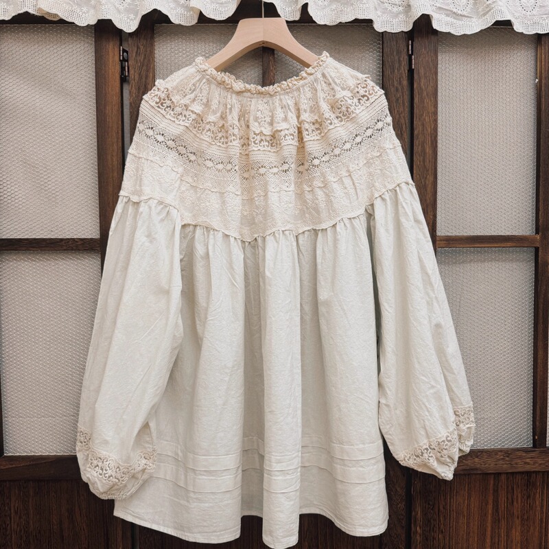 Forest-Style Lace-Trimmed Collar Tie-Up Patchwork Embroidered Shirt, Japanese-Style Loose Sweet Long-Sleeve Top, Length 70 Forest-Style Lace-Trimmed Collar Tie-Up Patchwork Embroidered Shirt, Japanese-Style Loose Sweet Long-Sleeve Top, Length 70