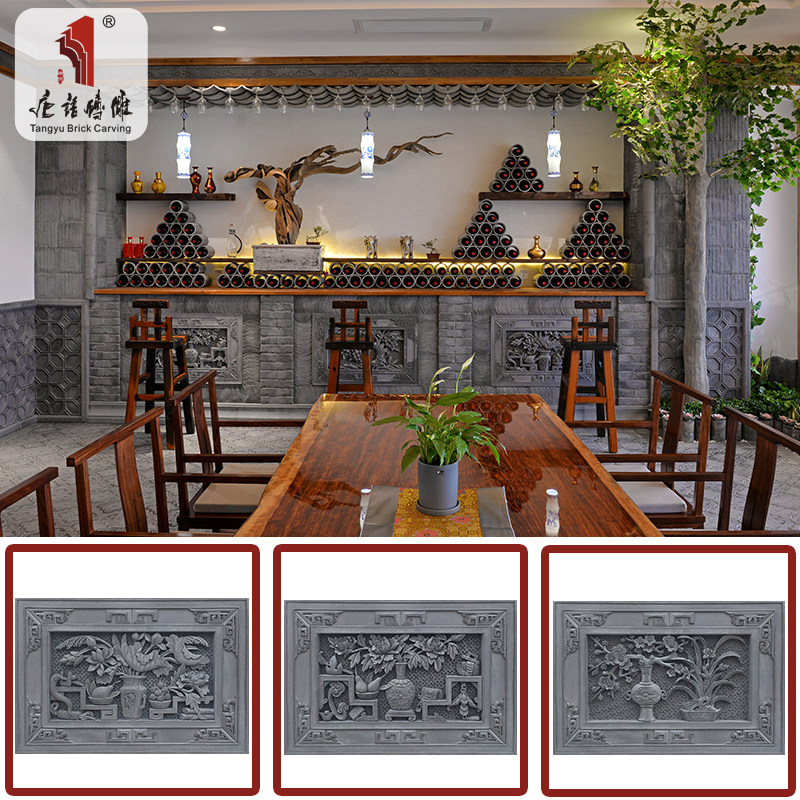 Tang language square 90 * 60cm Peony blooms ancient brick carved imitation ancient bas-relief painting Chinese shadow wall decoration wall decoration