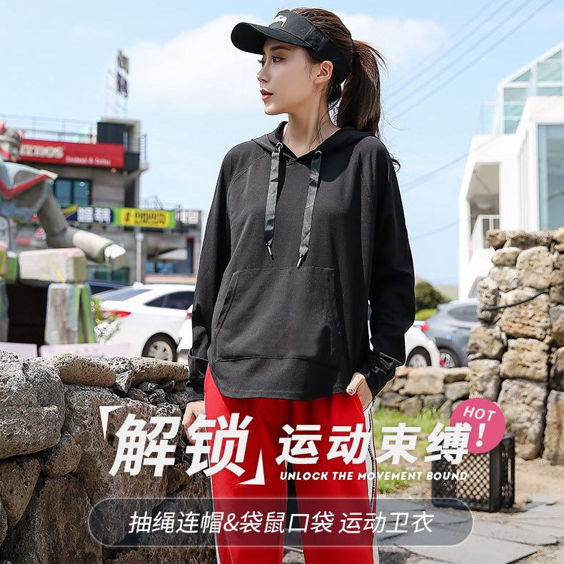 Plus size women's spring fat mm casual hat t thin fleece sports sweater loose long-sleeved fitness sweater running clothes