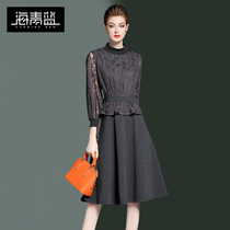 Haiqing Blue 2021 spring new womens European and American fashion slim waist long sleeve lace a dress 60505