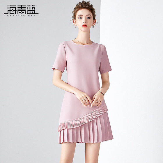 Haiqing 블루 2023 봄 여름 신상 패션 주름 주름 원피스 라운드 넥 반팔 심플 솔리드 컬러 여성 짧은 스커트
