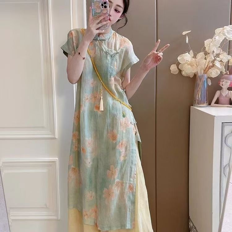 New Chinese-Style Mid-Length Dress for Women, Summer Cool Style, Buttoned Diagonal Placket, Side Slit, Artistic Tea Dress Robe New Chinese-Style Mid-Length Dress for Women, Summer Cool Style, Buttoned Diagonal Placket, Side Slit, Artistic Tea Dress Robe