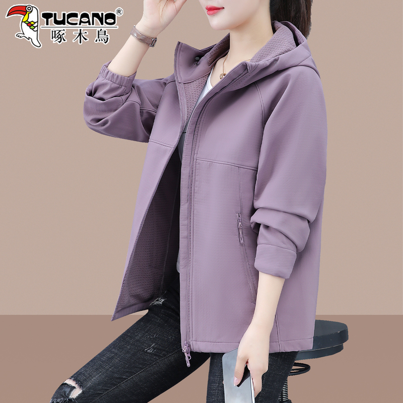Woodpecker Softshell Jacket for Women 2026 New Spring and Autumn Three-Proof Outdoor Casual Fleece-Lined Hooded Top