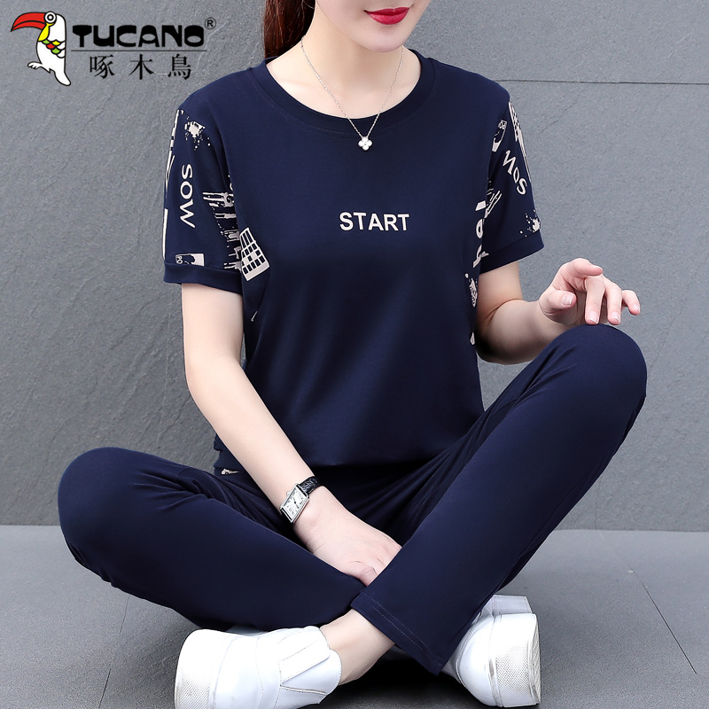 Woodpecker Short Sleeve Sports Suit Women 2022 Summer Pure Cotton Middle-aged Mom Fashion Foreign Summer Clothes Two-piece Style