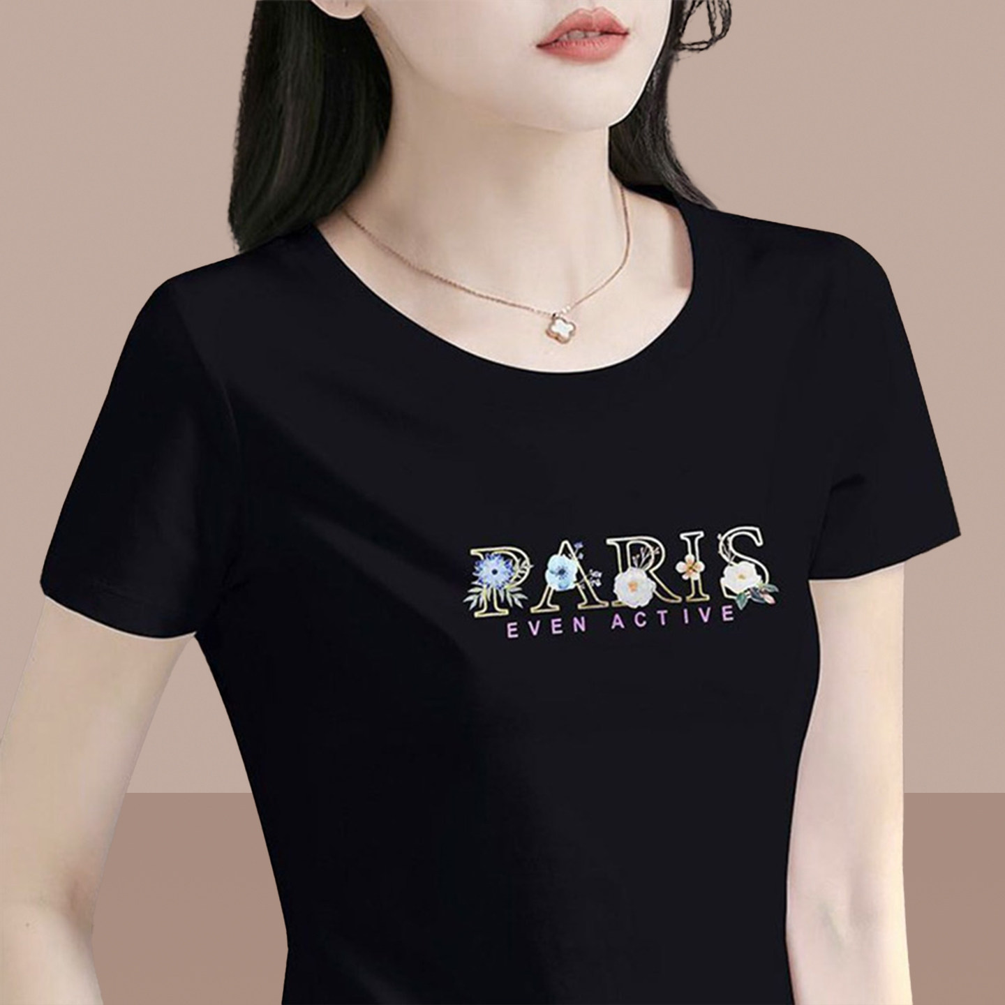 啄木鸟圆领短袖t恤女2026新款夏季时尚休闲宽松显瘦印花纯棉上衣t