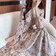 2023 spring and summer new super fairy fashion temperament floral silk mulberry silk dress waist slimming big swing long skirt