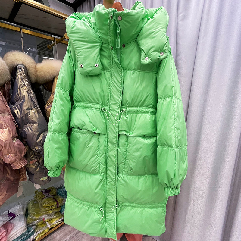 2021 years of winter new anti-season candy color bread down clothes women's medium long version Korean version loose with lean white duck suede