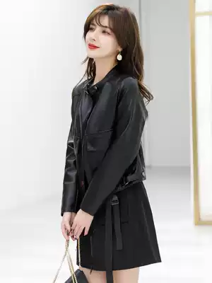 2021 spring new small leather jacket women short short stand neck high waist motorcycle leather jacket loose top