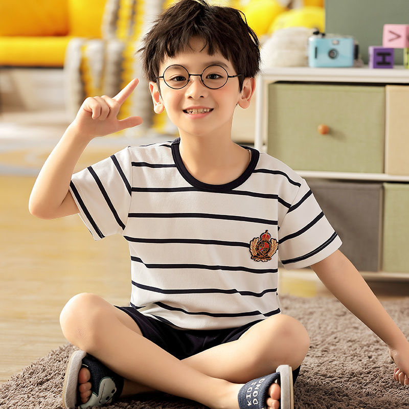 Summer Children Pajamas Boy Short Sleeve Pure Cotton Thin Section Boy Big Boy Junior High School Boy Fat Boy Suit