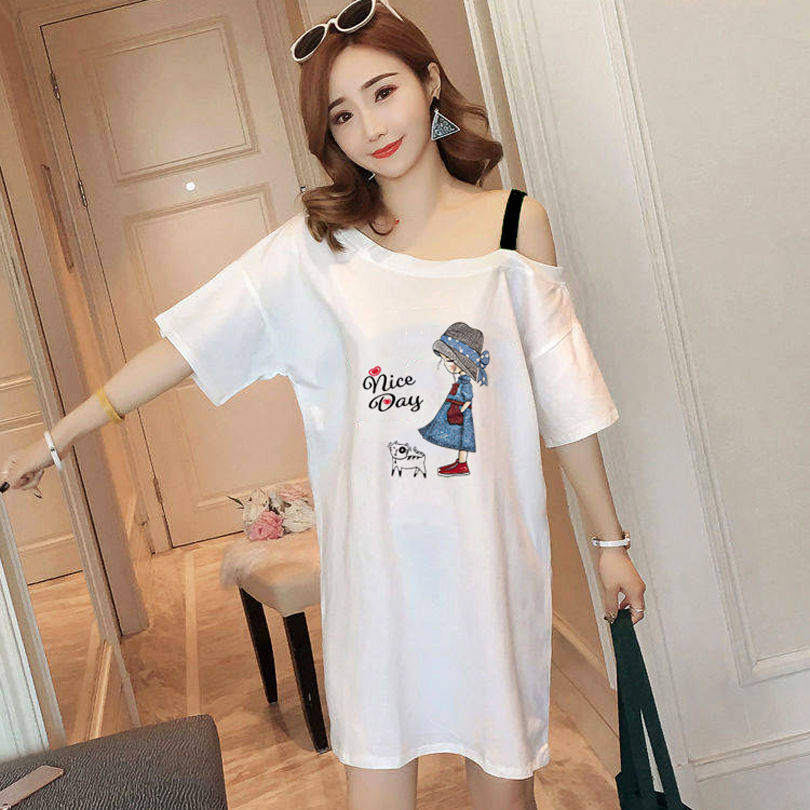 Cotton short-sleeved pajamas women's summer off-the-shoulder T-shirt one-shoulder dress loose nightdress can be worn outside large size home clothes