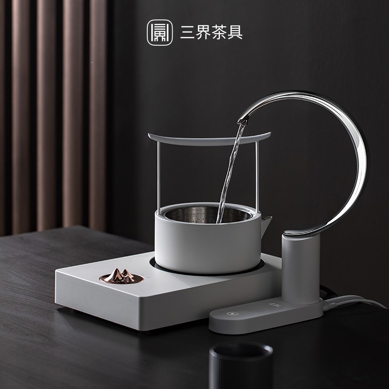 Three Worlds View Mountain Black Crystal Furnace White Stainless Steel Burning Water Jug Automatic Water Feeder Suit Water Pump Boiling Water Teer Tea