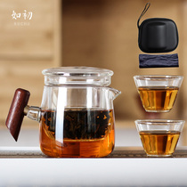 Glass one pot two cups travel tea set portable kung fu tea set whole set of high temperature resistant thick teapot four Cups