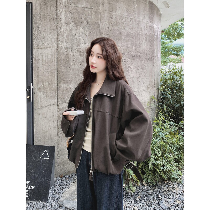 Brown Retro Suede Jacket for Women, Spring and Autumn, Petite, Loose, Slimming, Short Jacket Top
