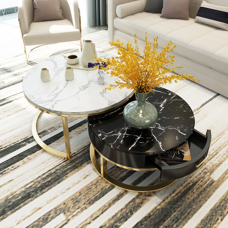 Nordic light luxury ins marble coffee table with drawer household living room small apartment combination coffee table square round set