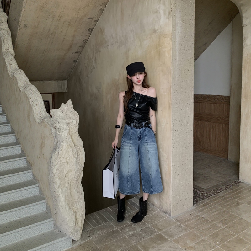 Zm1879 Retro High-Waisted Denim Capri Pants European Style Loose Slimming Wide-Leg Pants with Belt Straight-Leg Jeans