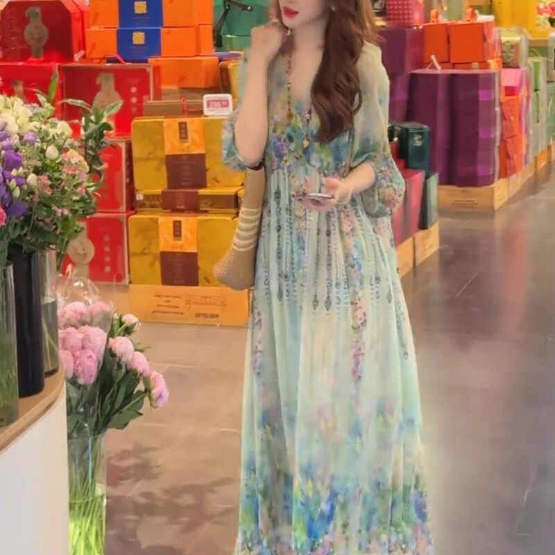French Rouje Moaks Silk Mulberry Silk Floral Dress for Women, Slimming Summer New Style, Waist-Cinching, Knee-Length Dress