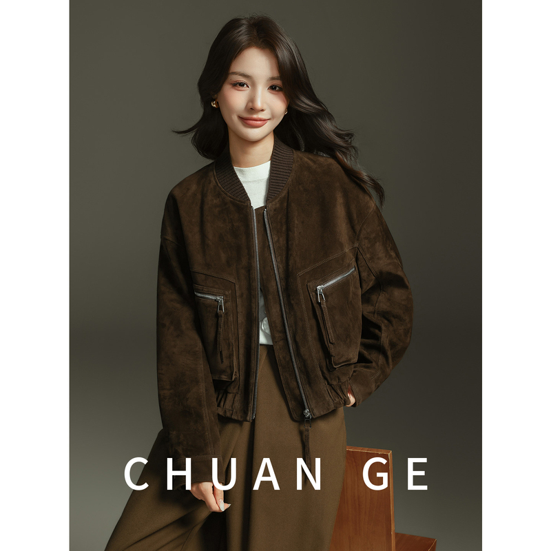 Chuan Ge 2026 Suede Sheepskin Baseball Jacket Women's Aviator Trendy Fashion Genuine Leather Short Jacket