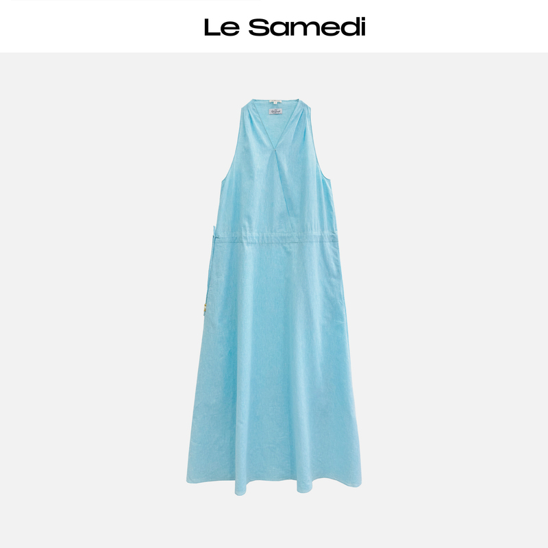 Le Samedi【Ice River Blue Moon Valley】Drawstring V-Neck Sleeveless Cotton and Linen Dress for Women, Summer Linen Long Dress