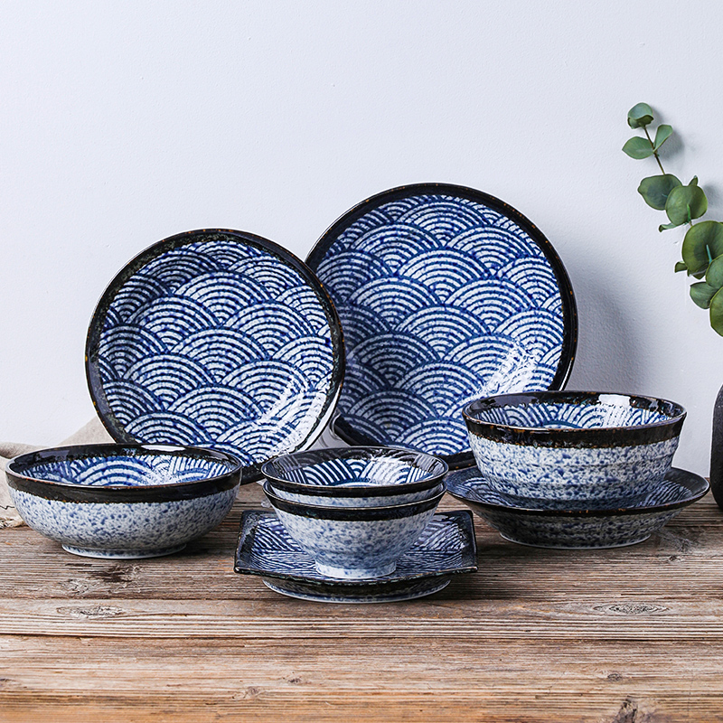 Japan imported ceramic Qinghai wave 8-piece set of bowls and dishes Japanese-style dishes tableware household retro combination rough pottery set