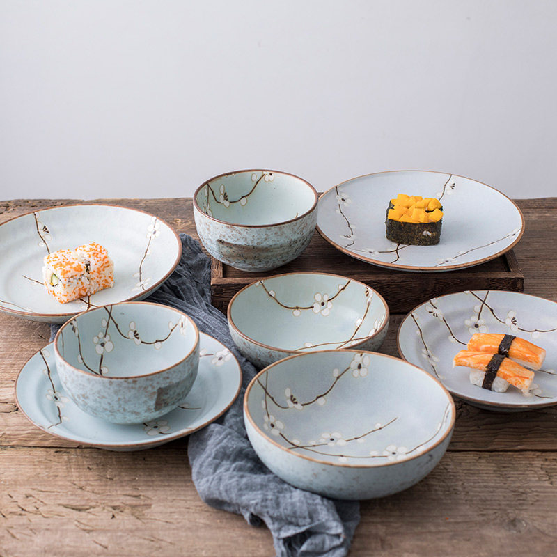 Aiyueju Japan imported blue plum ceramics two people food housewarming tableware set Japanese bowl combination home light luxury