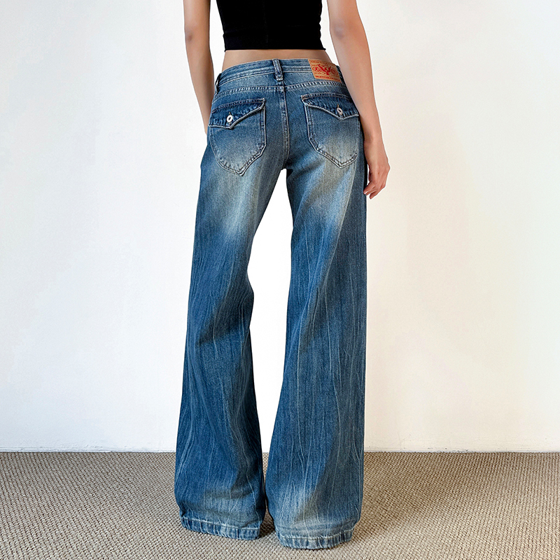 American Retro Blue Low-Waist Flared Jeans for Women, Summer Hot Girl Style, Slimming, Loose Fit, Non-Tight Flared Long Pants