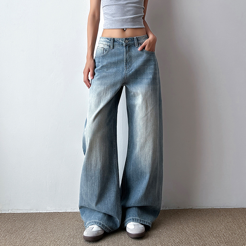 American Retro Blue Relaxed Wide-Leg Jeans for Women, New Summer Style, Low-Waist, Slimming, Loose, Floor-Length Straight Pants American Retro Blue Relaxed Wide-Leg Jeans for Women, New Summer Style, Low-Waist, Slimming, Loose, Floor-Length Straight Pants