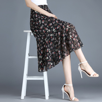 Chiffon floral skirt medium long female summer 2021 new high waist irregular stitching ruffle printed skirt