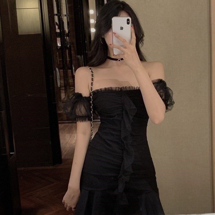 Son Ensemble Retro Super Fairy  Birthday Dress Black Temperament Skirt Trampoline Draping Dating Small Gown Receptions