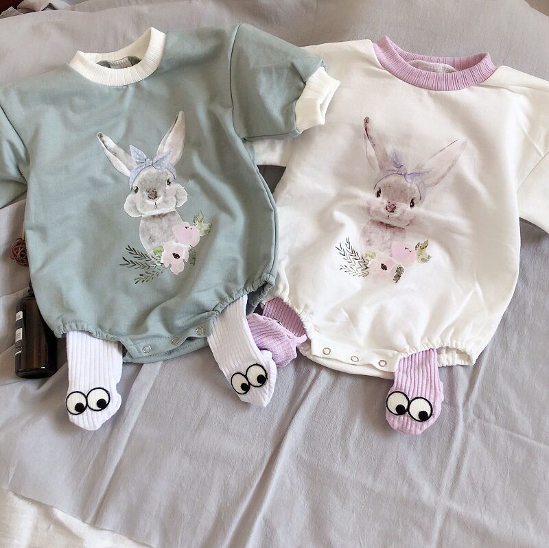Korean version of cute Rabbit climbing clothes for men and women Baby Casual Foreign Pie Baby Even with Covered Clothes Full Moon Baby Clothes Spring Autumn