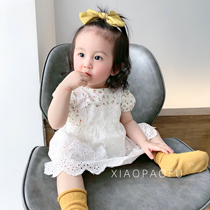 Female Baby Summer Short Sleeve Cute Super Cute Khala-clad Korean Version Broken Flowers Fake Two Dresses Baby Foreign Air Bag Fart Wear
