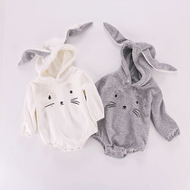 Newborn Baby Cute Ha Clothes Rabbit Ears Plus Suede Hat Bag Fart For Autumn Winter Men And Women Conjoined Clothing