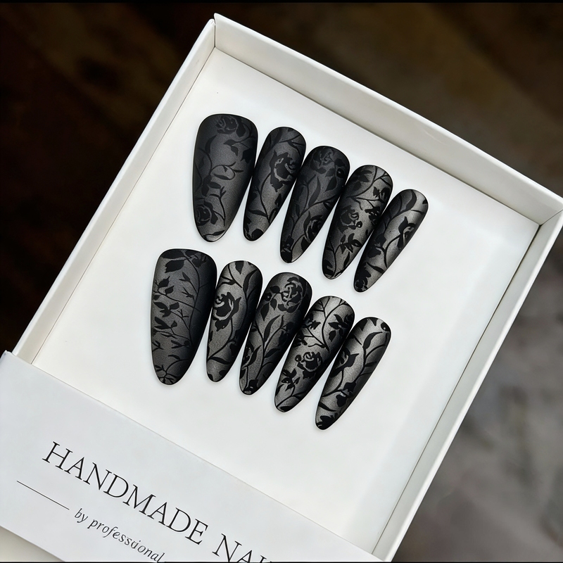 Dark Rose Flower Nail Stickers, Long Pointed Matte Black Press-On Nails, Niche Design Fake Nails Finished Product