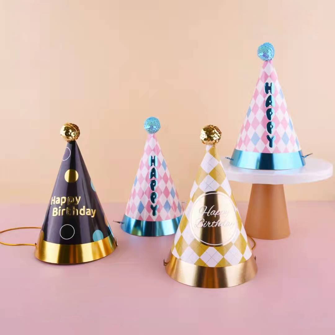 Plaid birthday hat Adult Children Baby year cake party decoration photo ball party hat