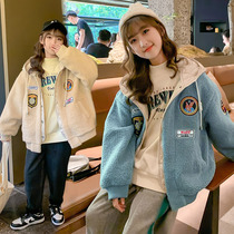 Next Music Girl Bifacial Cashmere Coat With Large Children Winter Clothing Jacket Plus Suede Thickened Cap Children Cotton Clot
