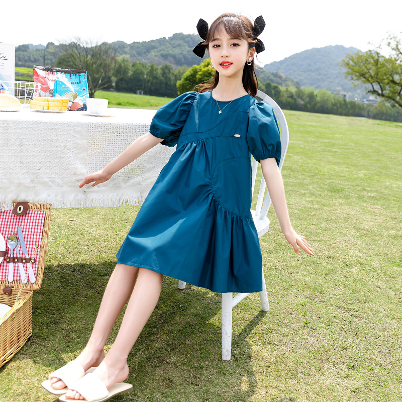 Girls dress summer thin pie 2021 new pure color temperament in the big children's short - sleeved summer princess dress tide