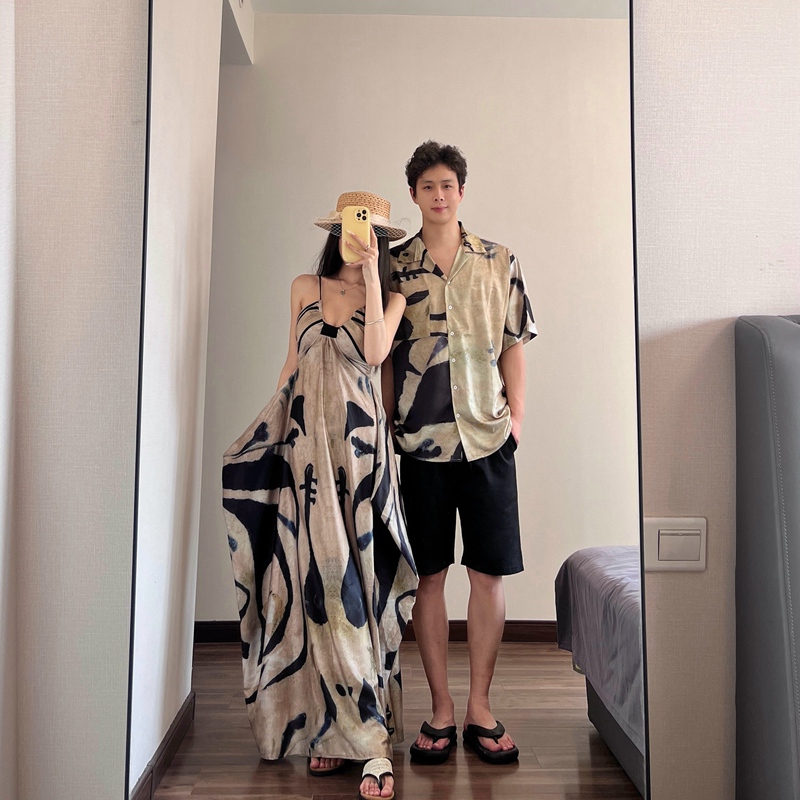 Couple's Summer Dress, Slimming Ink Print Shirt, Retro Vacation Style Spaghetti Strap Long Dress for Women, One Dress and One Skirt