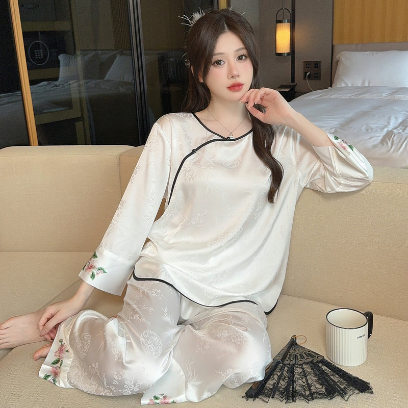 Pajamas for Women, Chinese Style, Ice Silk, Spring and Summer, Cool Feeling, Nine-Quarter Sleeves, Long Pants with Chest Pads, New Chinese Style Satin Silk Loungewear