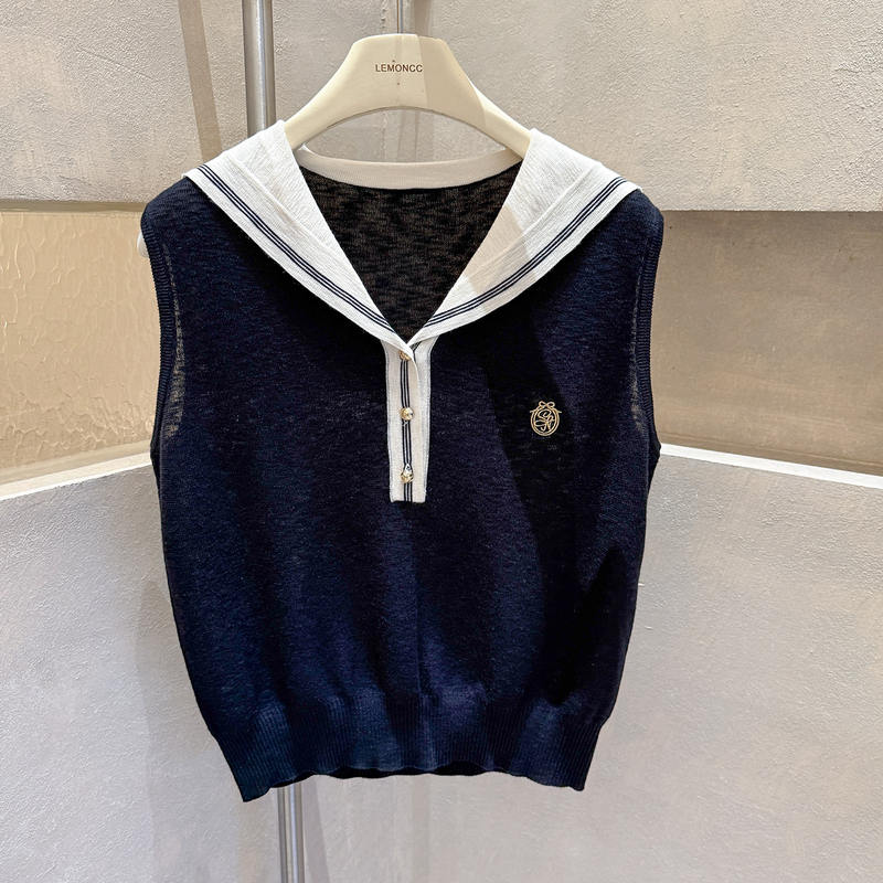 2026 Summer College Style Navy Collar Striped Casual Versatile Knit Top for Women, Loose Fit, Age-Reducing, Slimming Sleeveless Top