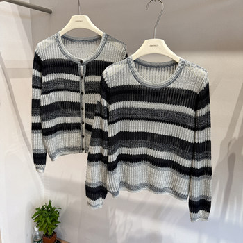 Color-Blocked Striped Casual Stylish Loose Design Pullover Crew Neck Long-Sleeve Knit Top/Single-Breasted Cardigan for Women in Autumn