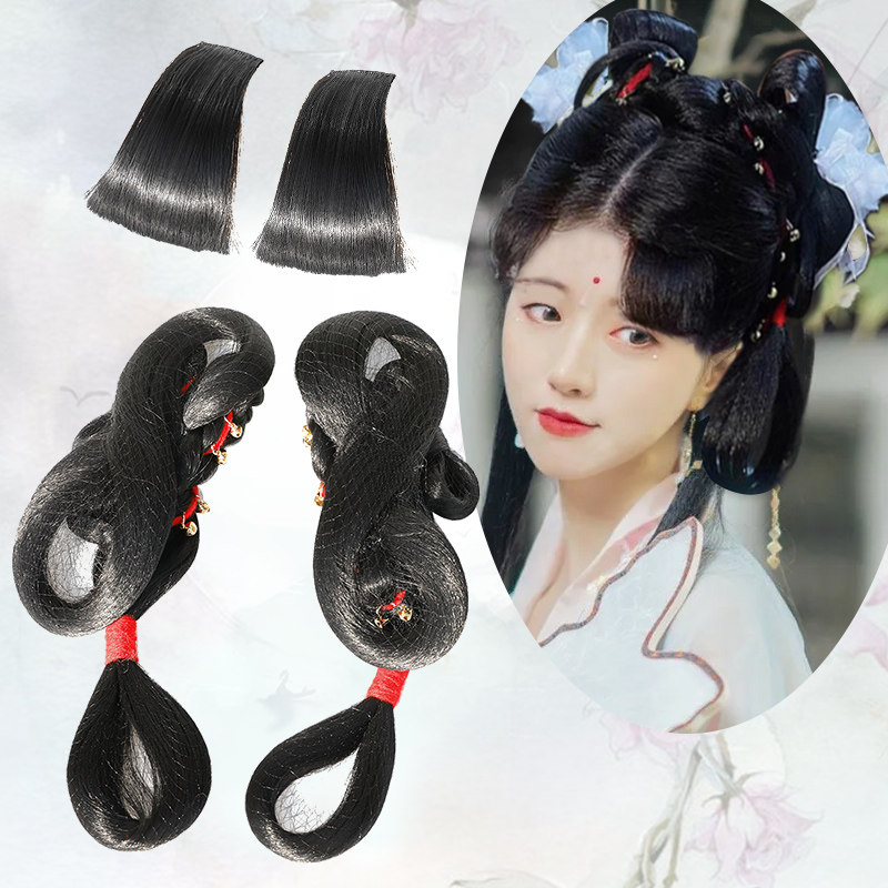 Ancient clothing Breathable Wig Bag Ancient Wind Hair hammermaid Handmaid hair decoration Ming-made Sea Cute Styling Red Rope Bell Bell Accessories