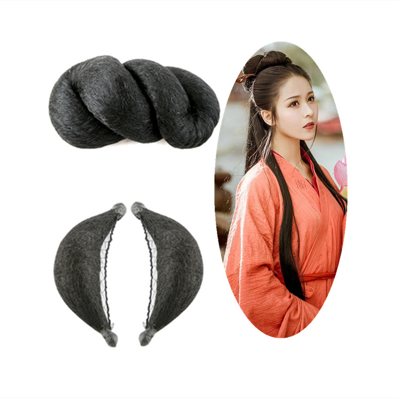 Antique black wig piece Hanfu fairy shape horn new cushion hair bag retro style brown twist bag straight hair