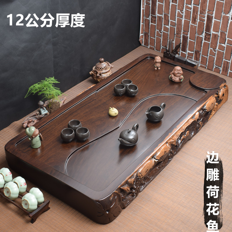 Whole ebony tea tray solid wood thickened carved large household simple tea sea tea table drainage Kung Fu tea set